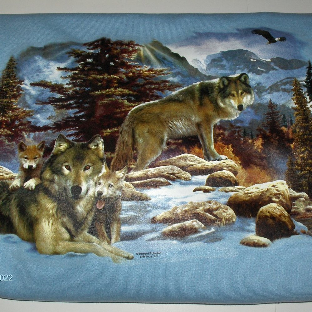 Extra Large, Long Sleeve Light Blue Crew-Neck Sweatshirt with a Wolf Design